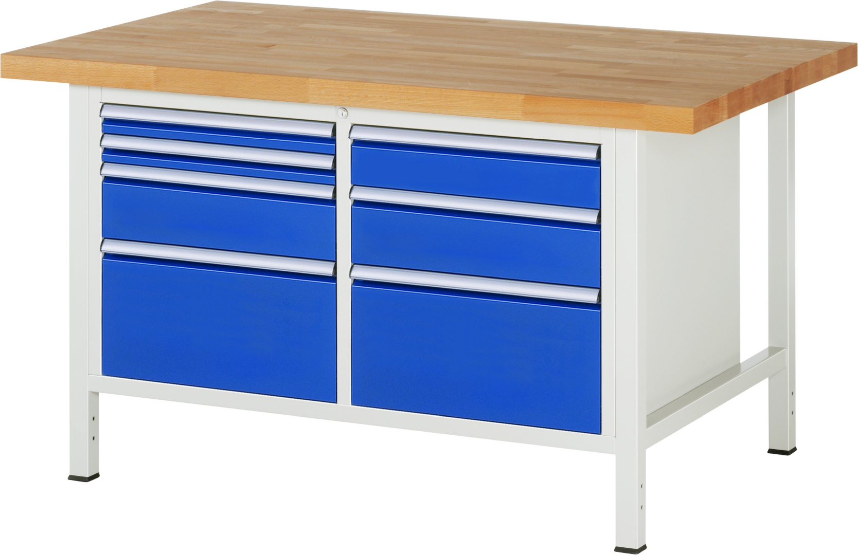 Werkbank Modell 8476,  BxTxH 1500x900x840 mm,  Buche-Massiv Arbeitsplatte 40 mm,  7 Schubladen mit  Auszug 90 %