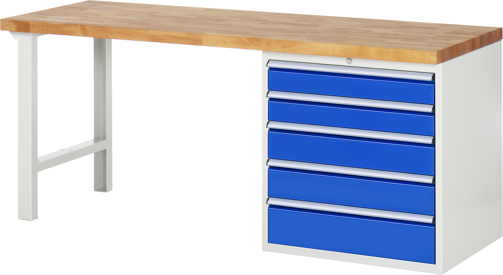 Werkbank Modell 7613 rot - schwarz, BxTxH 2000x700x840 mm,  Buche-Massiv Arbeitsplatte 40 mm,  5 Schubladen mit  Auszug 90 %