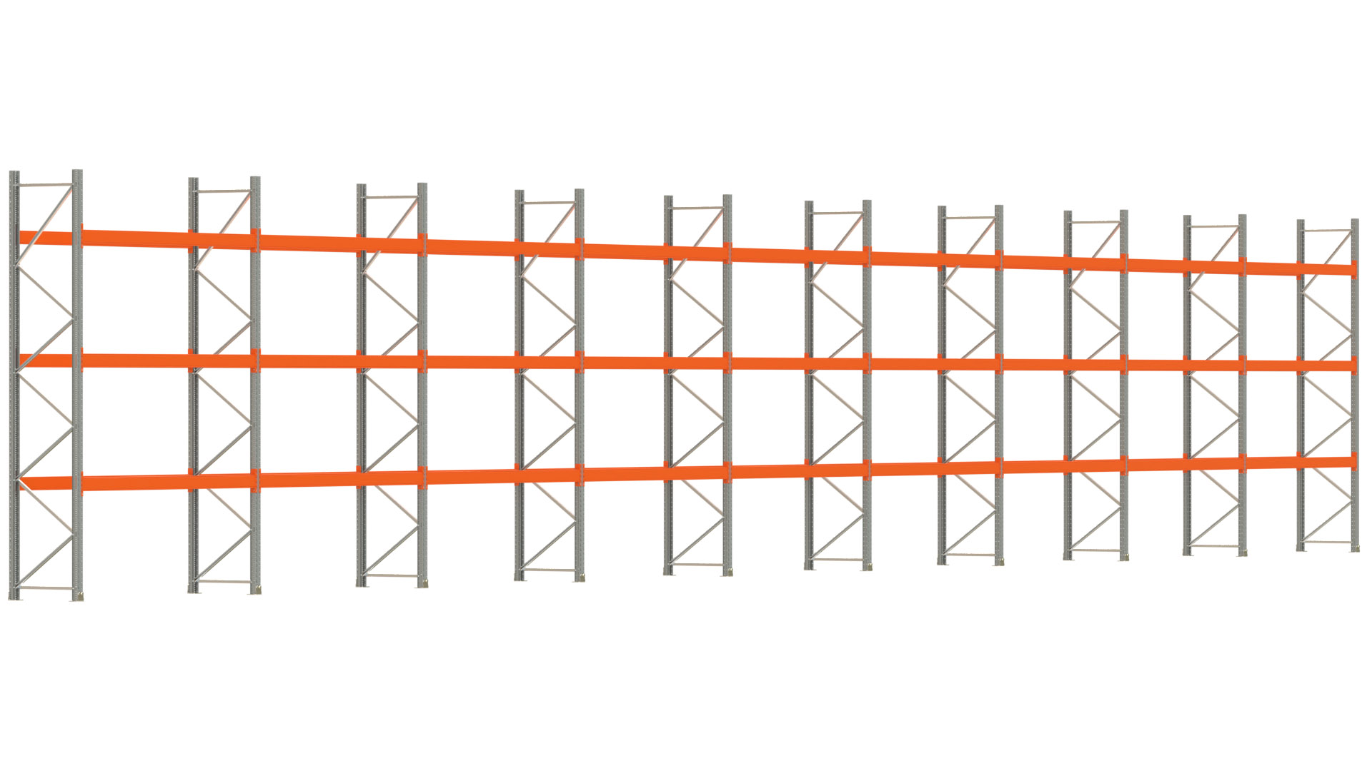 Palettenregal ARTUS - Breite 2515 cm - Höhe 400 cm - Tiefe 80 cm - 3 Träger-Ebenen - max. Fachlast 3000 kg - 72 Palettenstellplätze