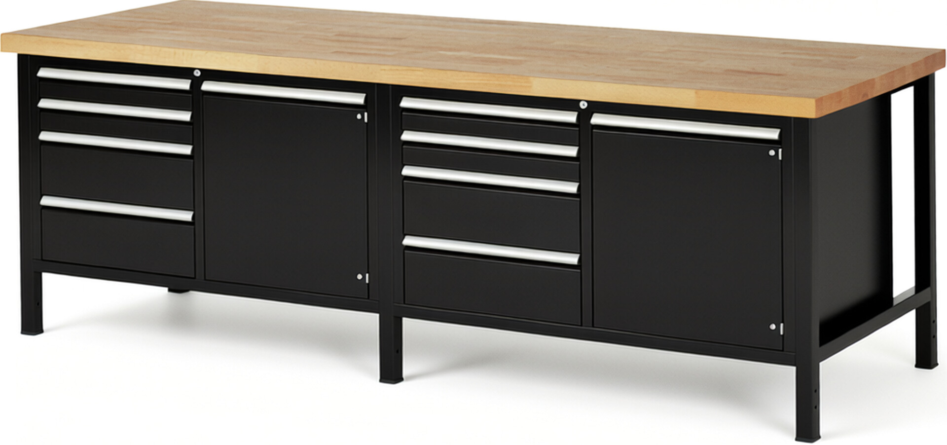 Werkbank Modell 8470 schwarz, BxTxH 2500x900x840-1040 mm,  Buche-Massiv Arbeitsplatte 40 mm,  8 Schubladen mit  Auszug 90 %
