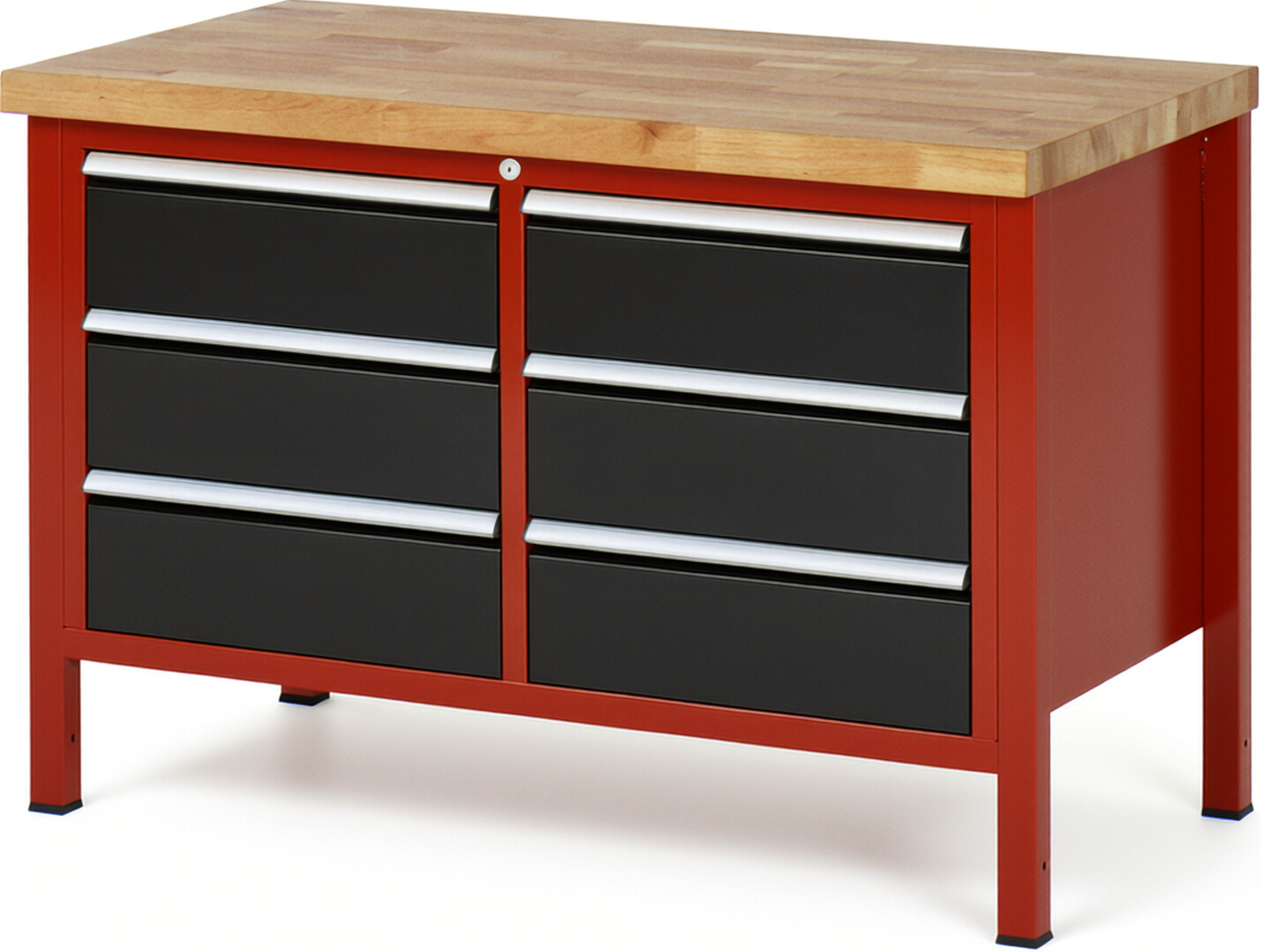 RAU Werkbank rot - schwarz - Breite 125 cm - Tiefe 70 cm - Höhe 104 cm - Buche-Massiv Arbeitsplatte 40 mm