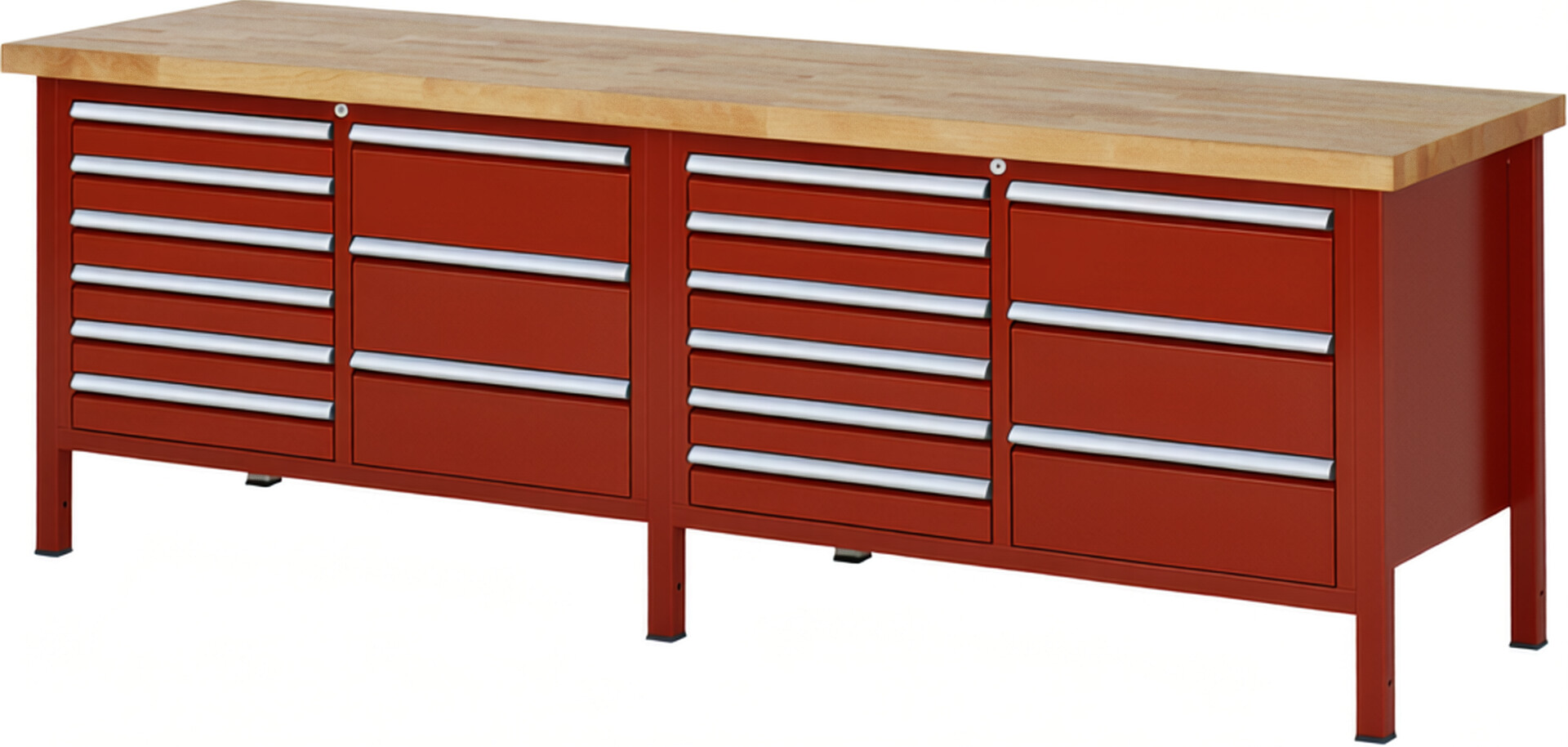 Werkbank Modell 8479 rot, BxTxH 2500x700x840 mm,  Buche-Massiv Arbeitsplatte 40 mm,  18 Schubladen mit  Vollauszug 100 % und  SoftClosing