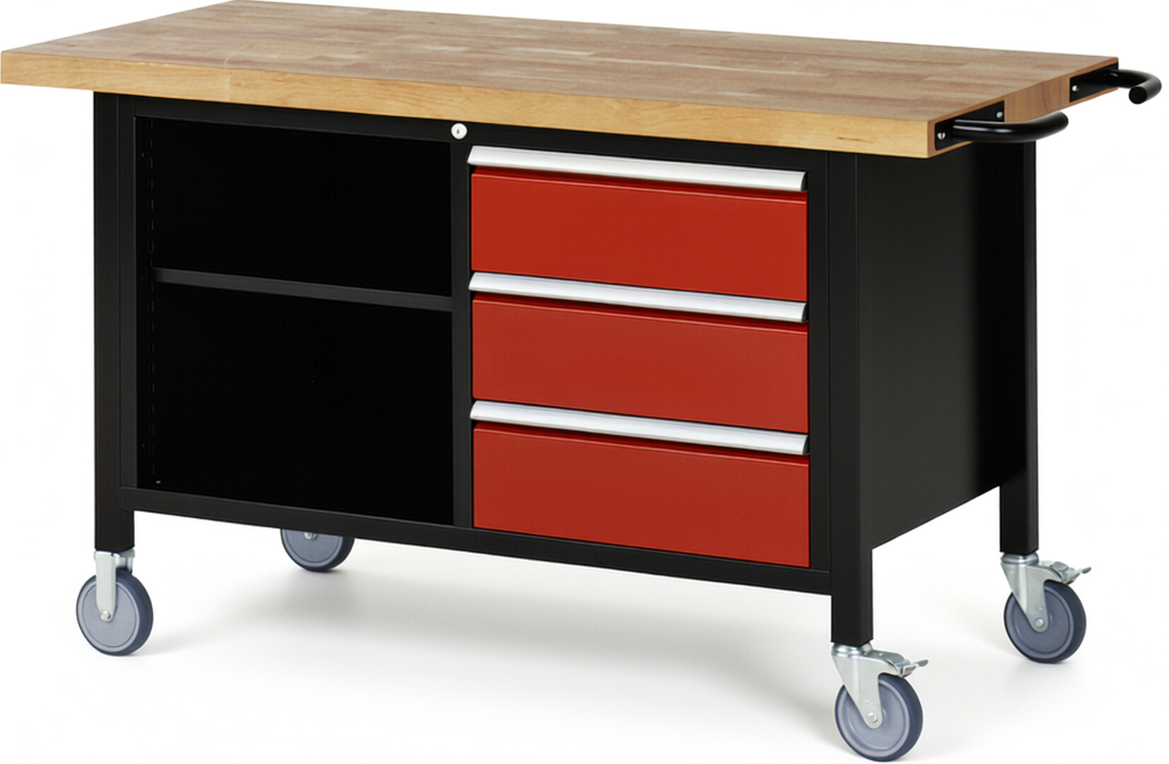 RAU Werkbank schwarz - rot - Breite 150 cm - Tiefe 70 cm - Höhe 108 cm - Buche-Massiv Arbeitsplatte 40 mm