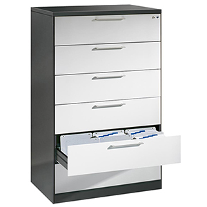 Schubladenschrank, Karteischrank, BxTxH 800x600x698 mm, DIN A6, vierbahnig, 4 Schubladen, Bügelgriff, RAL 9010 reinweiß