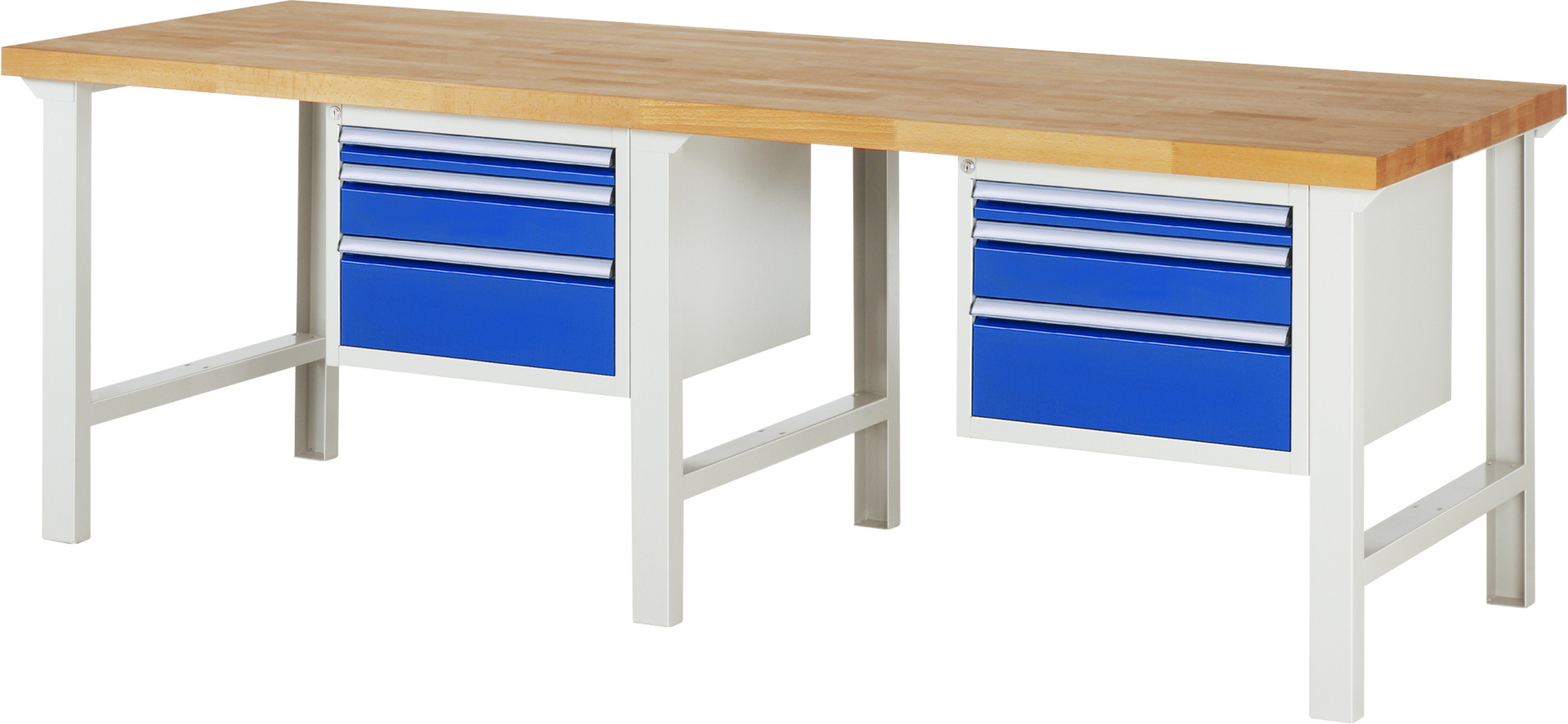 Werkbank Modell 7126 schwarz, BxTxH 2500x900x840 mm,  Buche-Massiv Arbeitsplatte 40 mm,  6 Schubladen mit  Vollauszug 100 % und  SoftClosing