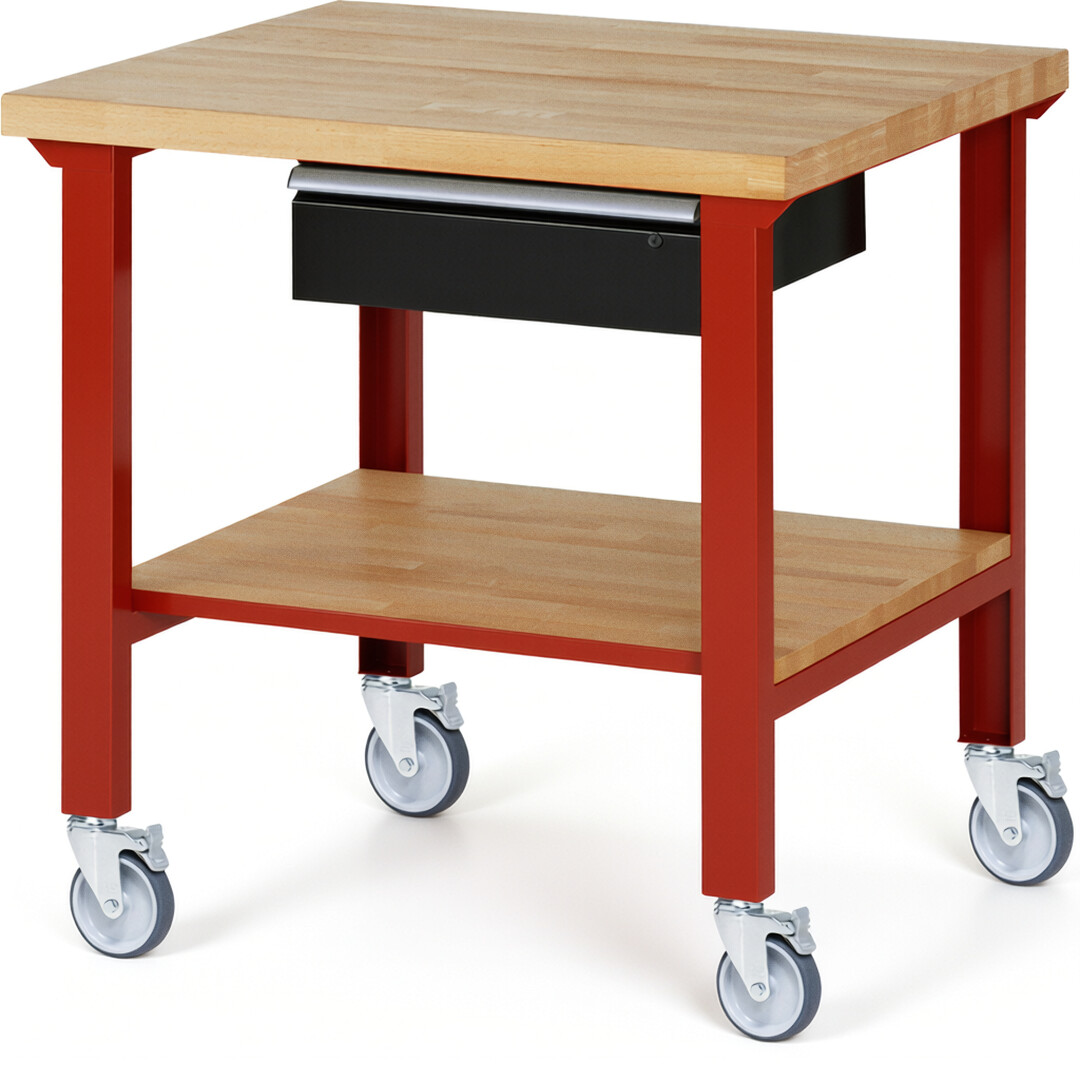 Fahrbare Werkbank Modell 7001 rot - schwarz, BxTxH 1000x900x1000 mm,  Buche-Massiv Arbeitsplatte 40 mm,  1 Schublade mit  Auszug 90 %