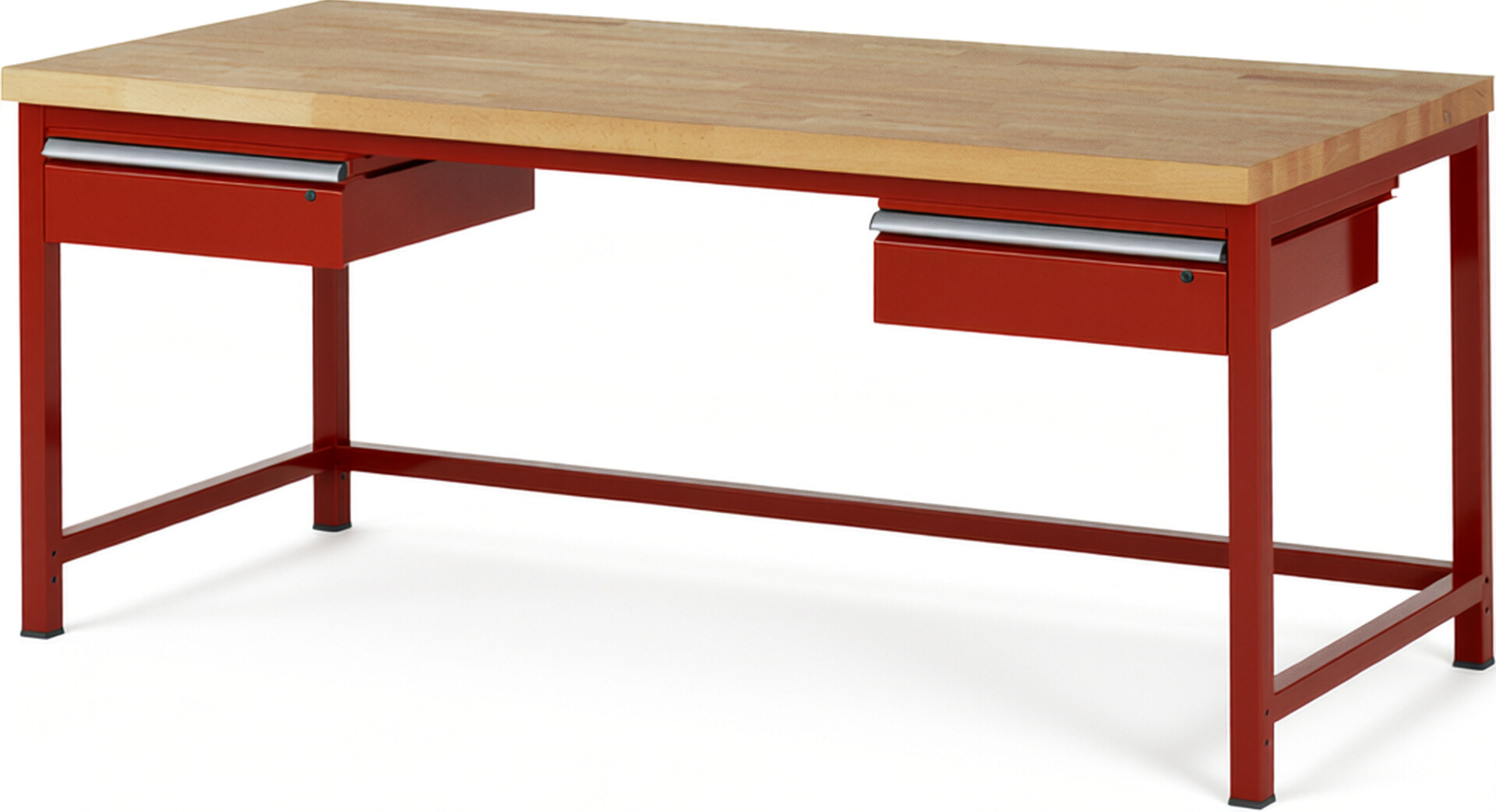 Werkbank Modell 8002 rot, BxTxH 2000x900x840-1040 mm,  Buche-Massiv Arbeitsplatte 40 mm,  2 Schubladen mit  Auszug 90 %