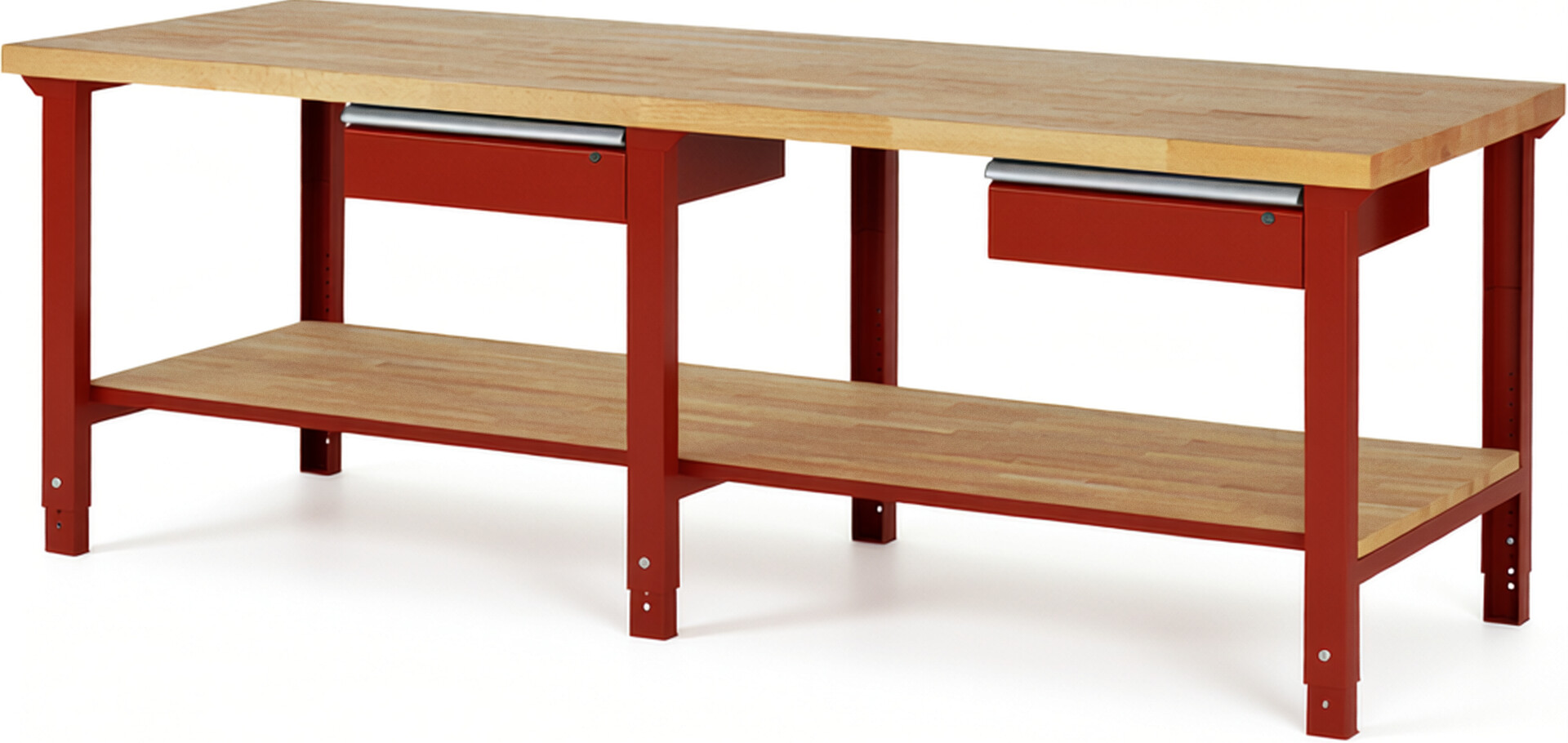 Werkbank Modell 7001 rot, BxTxH 2500x900x790-1140 mm,  Buche-Massiv Arbeitsplatte 40 mm,  2 Schubladen mit  Auszug 90 %