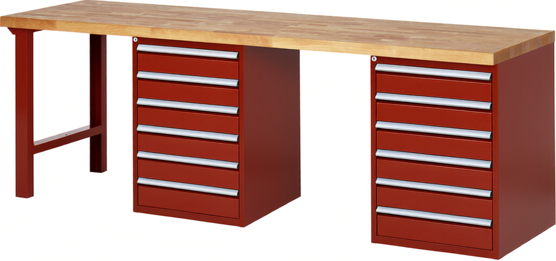 Werkbank Modell 7516 rot, BxTxH 2500x700x840 mm,  Buche-Massiv Arbeitsplatte 40 mm,  12 Schubladen mit  Vollauszug 100 % und  SoftClosing
