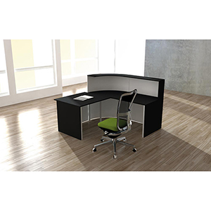 Design-Theke, Empfangstheke, BxTxH 1800/1950x950x1100/740 mm, gebogen, Tisch rechts, weiß mit Edelstahldekor