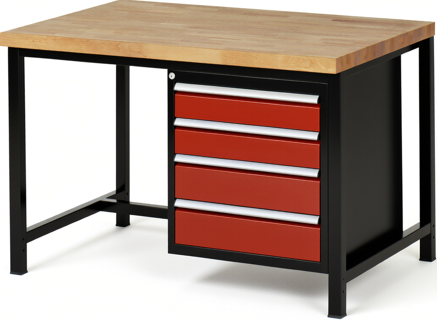 RAU Werkbank schwarz - rot - Breite 125 cm - Tiefe 90 cm - Höhe 84 cm - Buche-Massiv Arbeitsplatte 40 mm