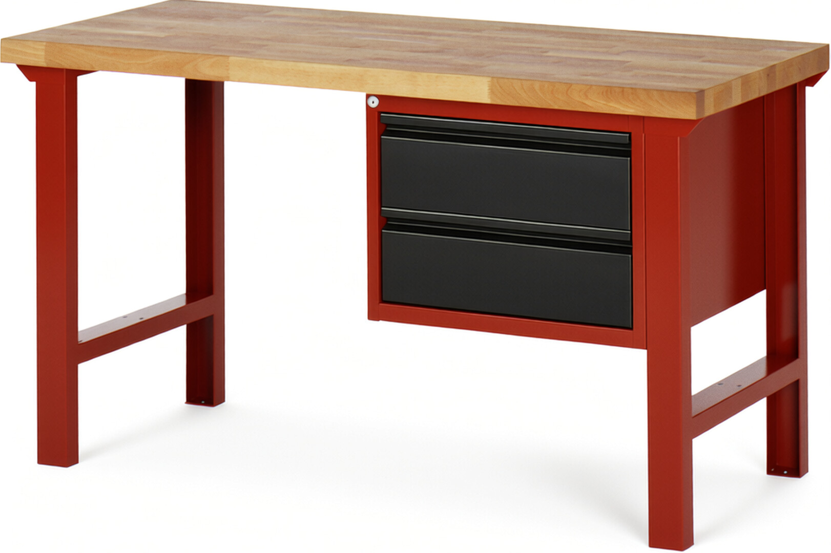 Werkbank rot - schwarz, BxTxH 1500x700x840 mm, Platte Buche 40 mm, 2 Schubladen 180 mm, RAL 3000/9011