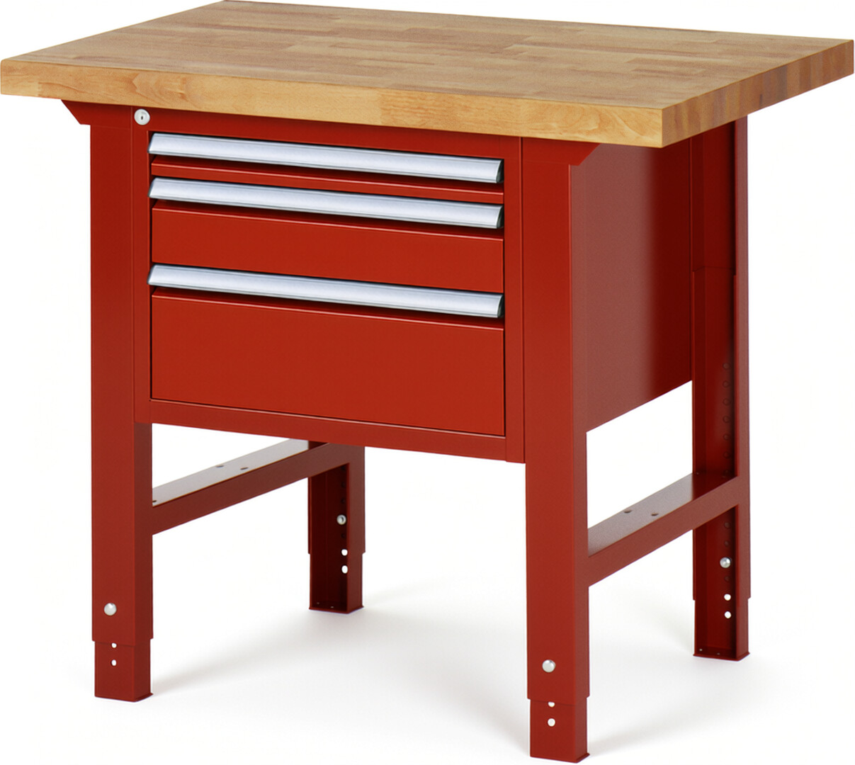 Werkbank Modell 7126 rot, BxTxH 1000x700x790-1140 mm,  Buche-Massiv Arbeitsplatte 40 mm,  3 Schubladen mit  Auszug 90 %