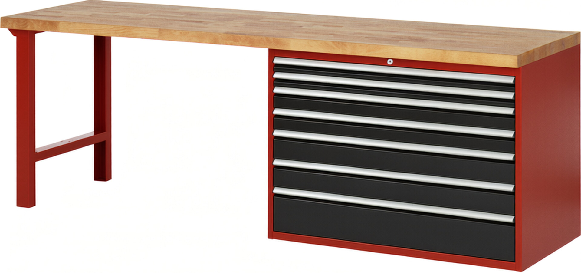 Werkbank Modell 7717 rot - schwarz, BxTxH 2500x700x890 mm,  Buche-Massiv Arbeitsplatte 40 mm,  7 Schubladen mit  Vollauszug 100 % und  SoftClosing