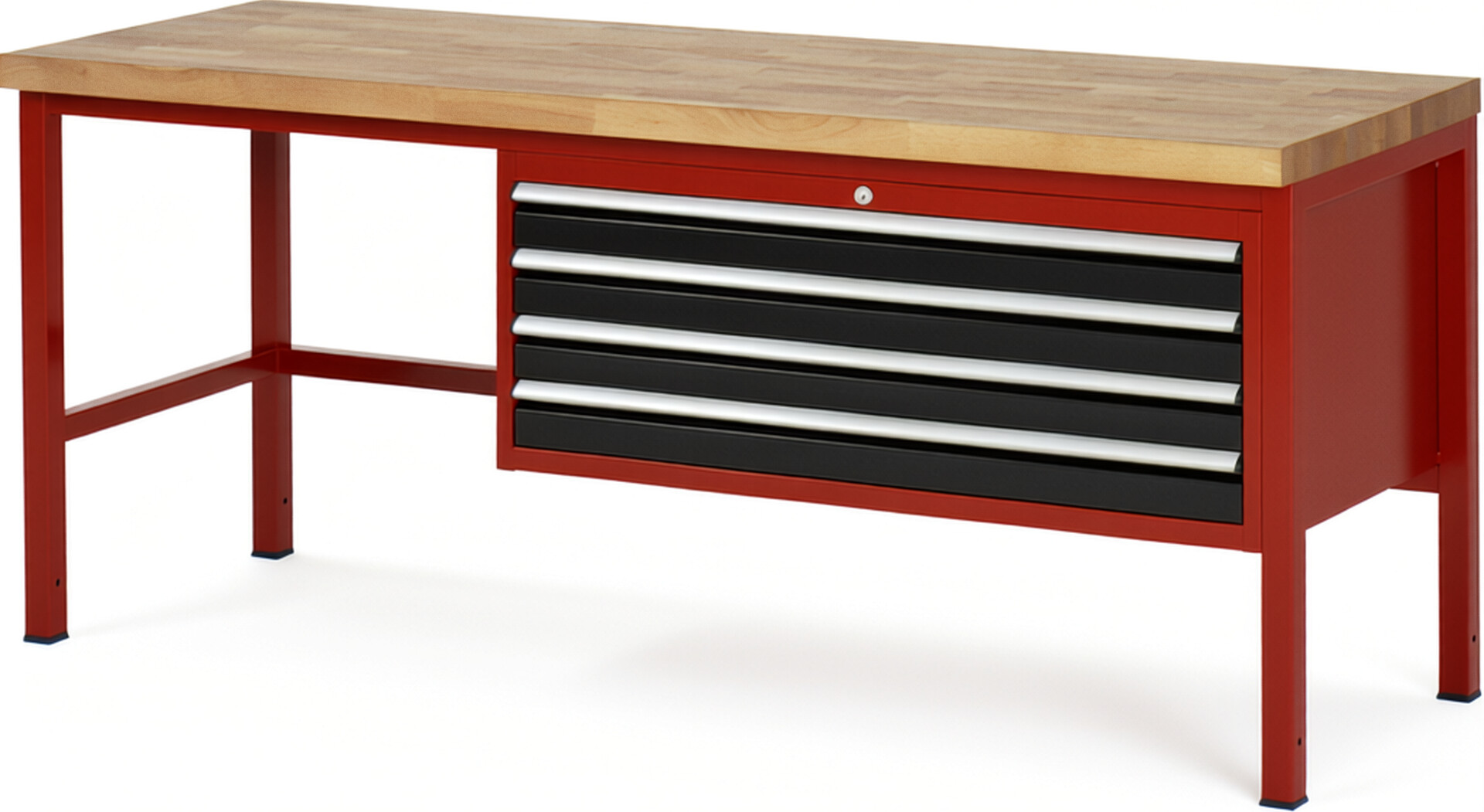 Werkbank Modell 8333 rot - schwarz, BxTxH 2000x700x840 mm,  Buche-Massiv Arbeitsplatte 40 mm,  4 Schubladen mit  Auszug 90 %