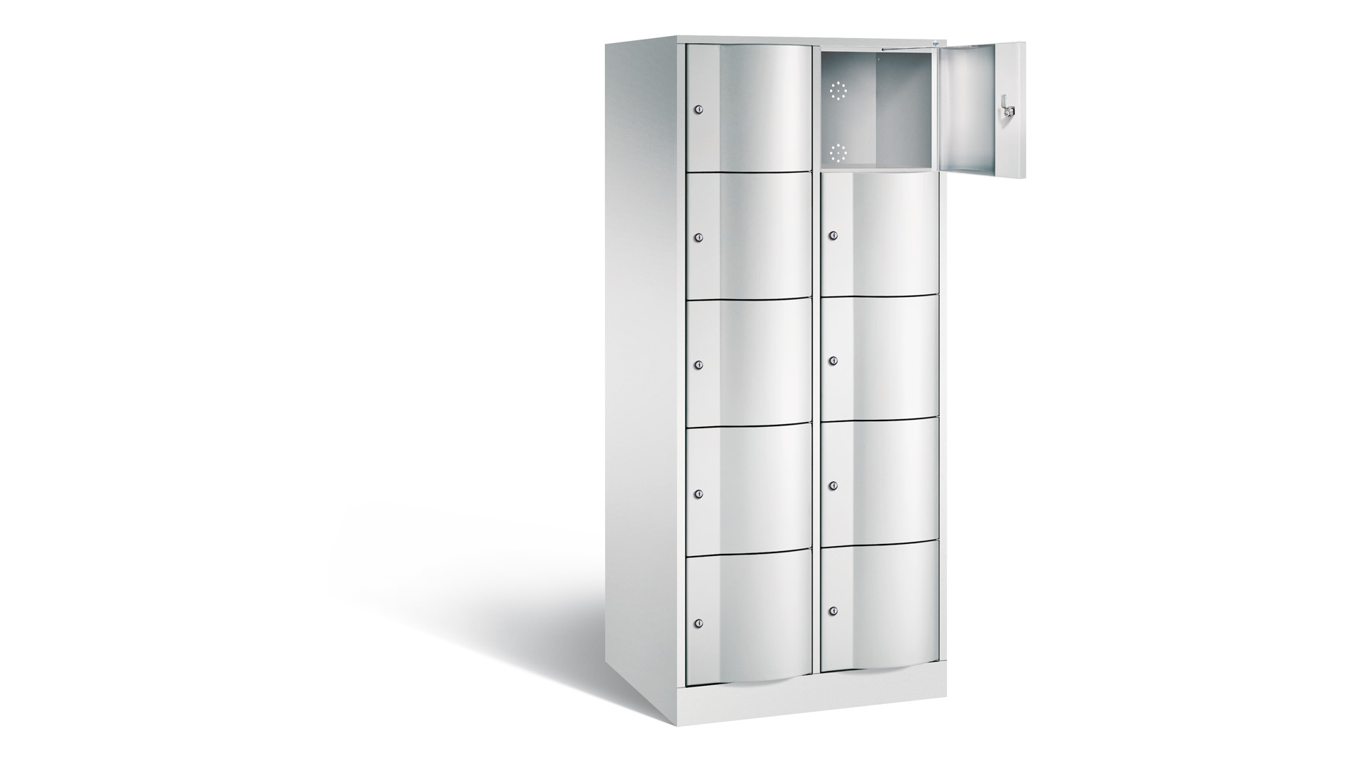Schließfachschrank, vandalismussicher, Stahl, Zylinderschloss, 10 Fächer (2 x 5), Türfarbe lichtgrau, 1.950 x 770 x 640 mm (HxBxT)