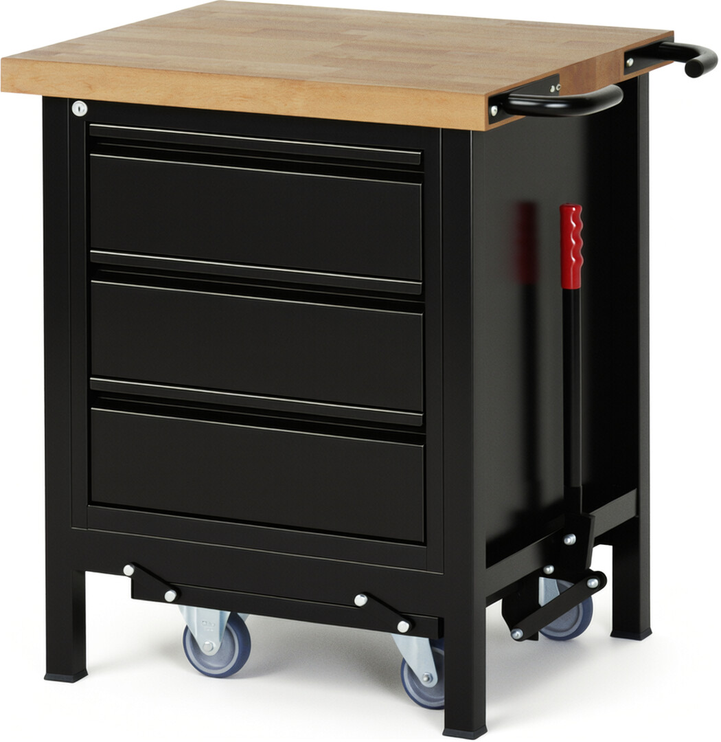Absenkbare Werkbank - Modell 8157 BASIC schwarz, BxTxH 750x700x880 mm,  Buche-Massiv Arbeitsplatte 40 mm,  3 Schubladen mit  Auszug 90 %