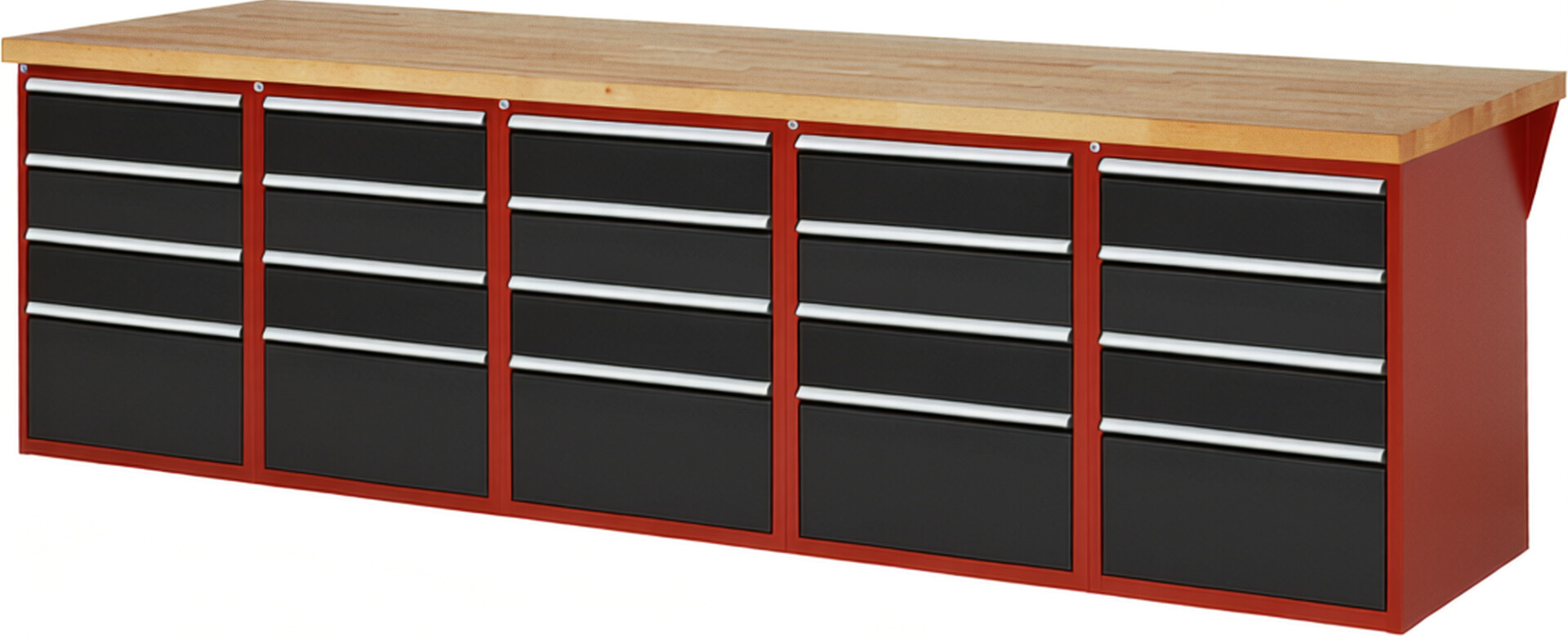 Werkbank Modell 7510 rot - schwarz, BxTxH 3000x900x890 mm,  Buche-Massiv Arbeitsplatte 40 mm,  20 Schubladen mit  Auszug 90 %