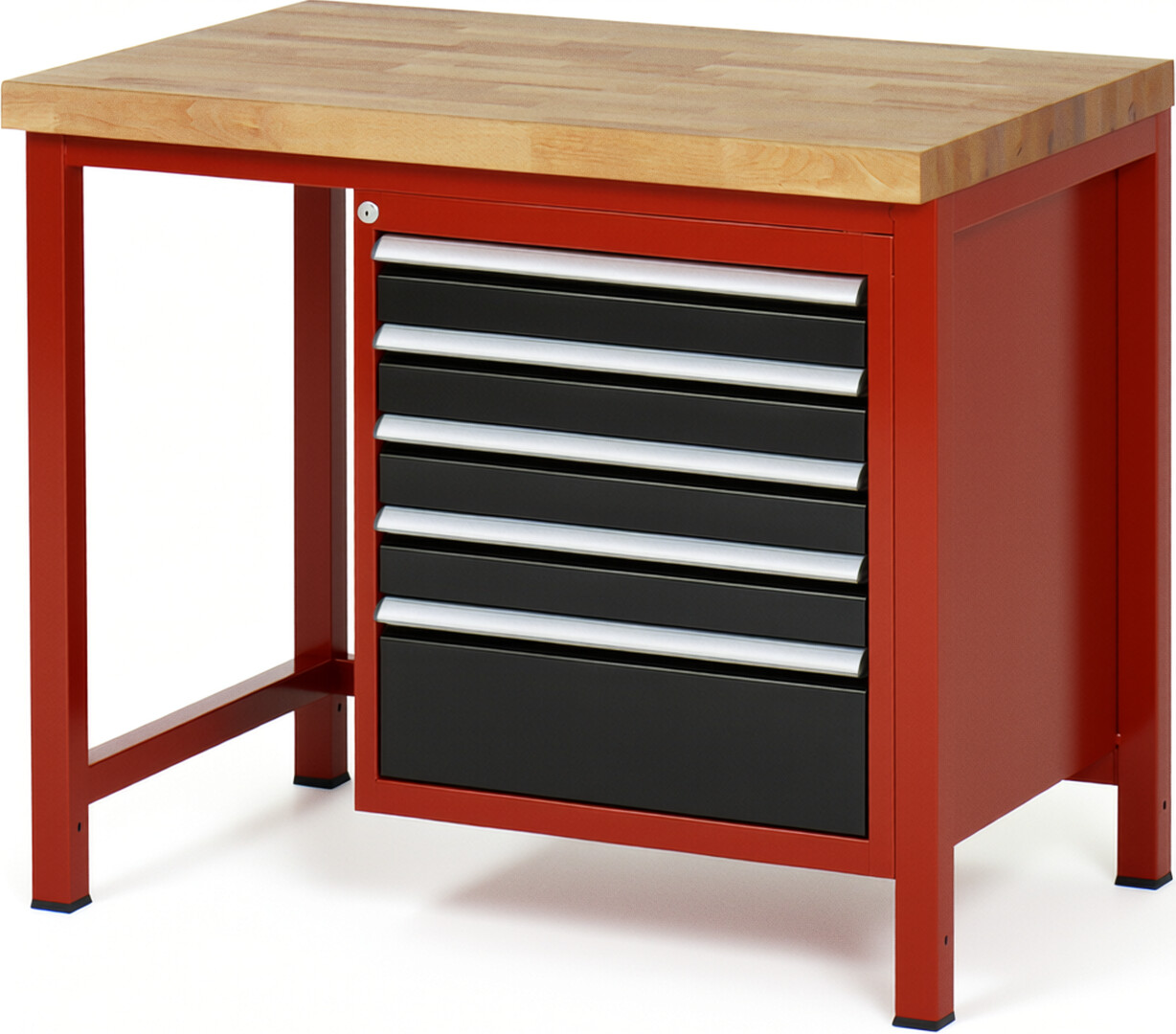 Werkbank Modell 8168 rot - schwarz, BxTxH 1000x700x840 mm,  Buche-Massiv Arbeitsplatte 40 mm,  5 Schubladen mit  Vollauszug 100 % und  SoftClosing