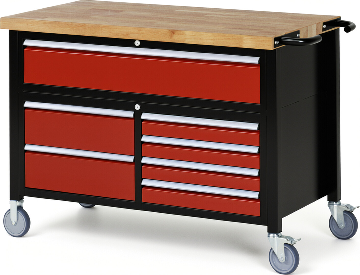 RAU Werkbank schwarz - rot - Breite 125 cm - Tiefe 70 cm - Höhe 112 cm - Buche-Massiv Arbeitsplatte 40 mm