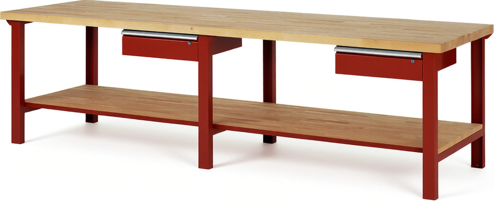 Werkbank Modell 7001 rot, BxTxH 3000x900x840 mm,  Buche-Massiv Arbeitsplatte 40 mm,  2 Schubladen mit  Auszug 90 %