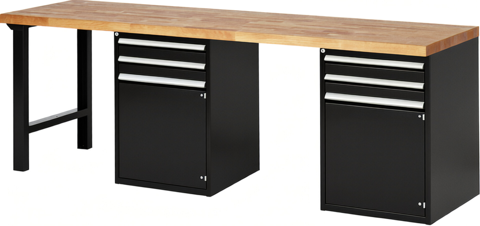 Werkbank Modell 7503 schwarz, BxTxH 2500x700x840 mm,  Buche-Massiv Arbeitsplatte 40 mm,  4 Schubladen mit  Auszug 90 %
