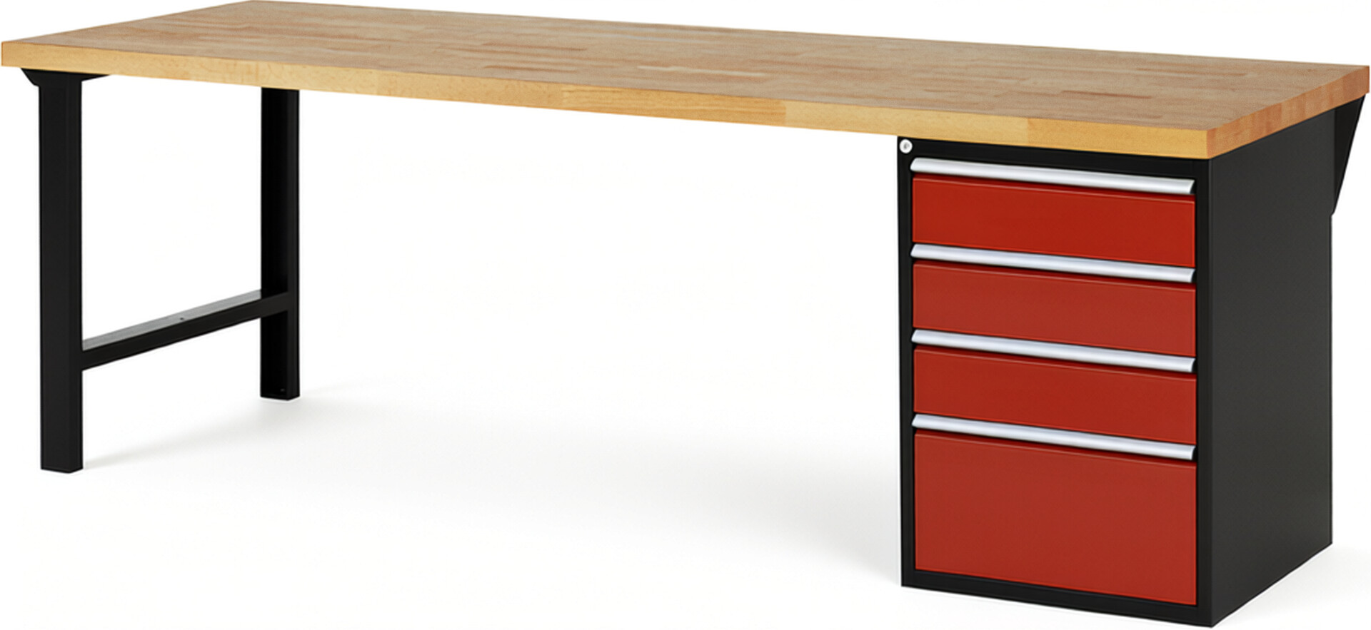 RAU Werkbank schwarz - rot - Breite 250 cm - Tiefe 90 cm - Höhe 89 cm - Buche-Massiv Arbeitsplatte 40 mm