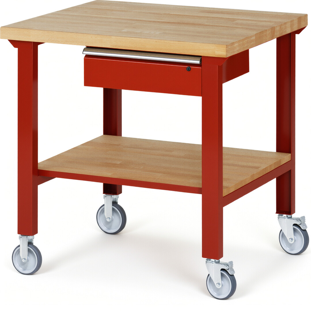 Fahrbare Werkbank Modell 7001 rot, BxTxH 1000x900x1000 mm,  Buche-Massiv Arbeitsplatte 40 mm,  1 Schublade mit  Auszug 90 %