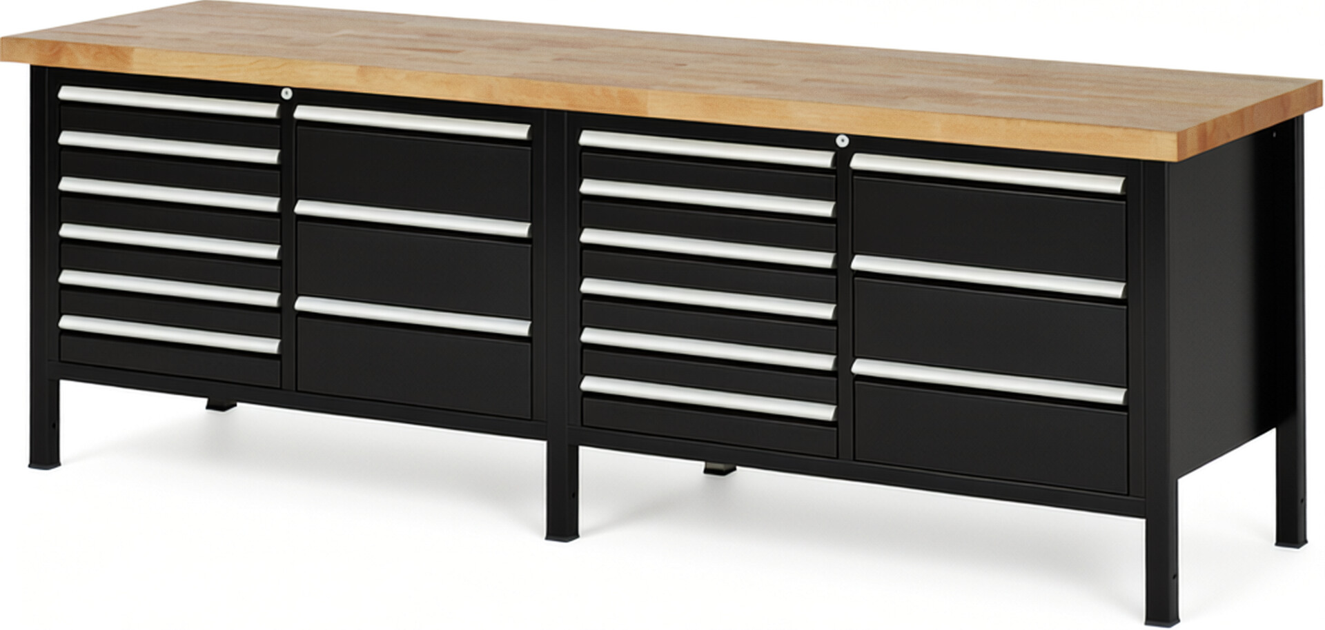 Werkbank Modell 8479 schwarz, BxTxH 2500x700x840 mm,  Buche-Massiv Arbeitsplatte 40 mm,  18 Schubladen mit  Vollauszug 100 % und  SoftClosing