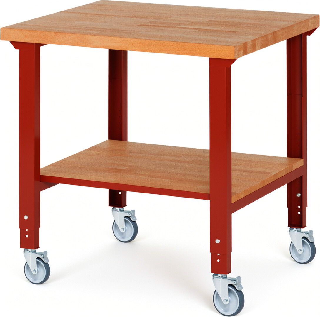 Fahrbare Werkbank Modell 7000 rot, BxTxH 1000x900x950-1000 mm,  Buche-Massiv Arbeitsplatte 40 mm