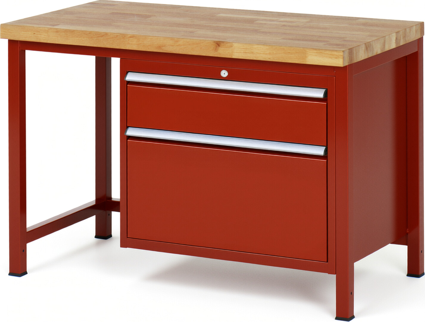 Werkbank Modell 8256 rot, BxTxH 1250x700x840-1040 mm,  Buche-Massiv Arbeitsplatte 40 mm,  2 Schubladen mit  Auszug 90 %