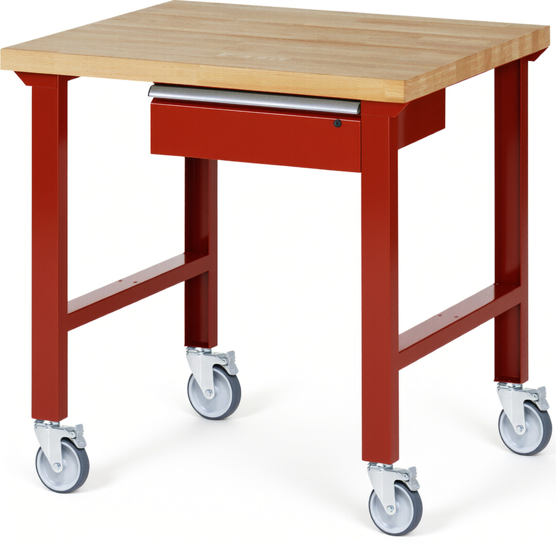 Fahrbare Werkbank Modell 7001 rot, BxTxH 1000x900x1000 mm,  Buche-Massiv Arbeitsplatte 40 mm,  1 Schublade mit  Auszug 90 %