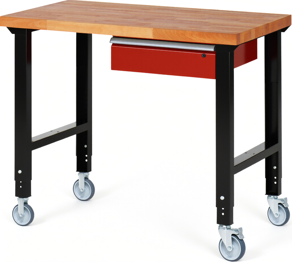 Fahrbare Werkbank Modell 7001 schwarz-rot, BxTxH 1250x700x950-1000 mm,  Buche-Massiv Arbeitsplatte 40 mm,  1 Schublade mit  Auszug 90 %