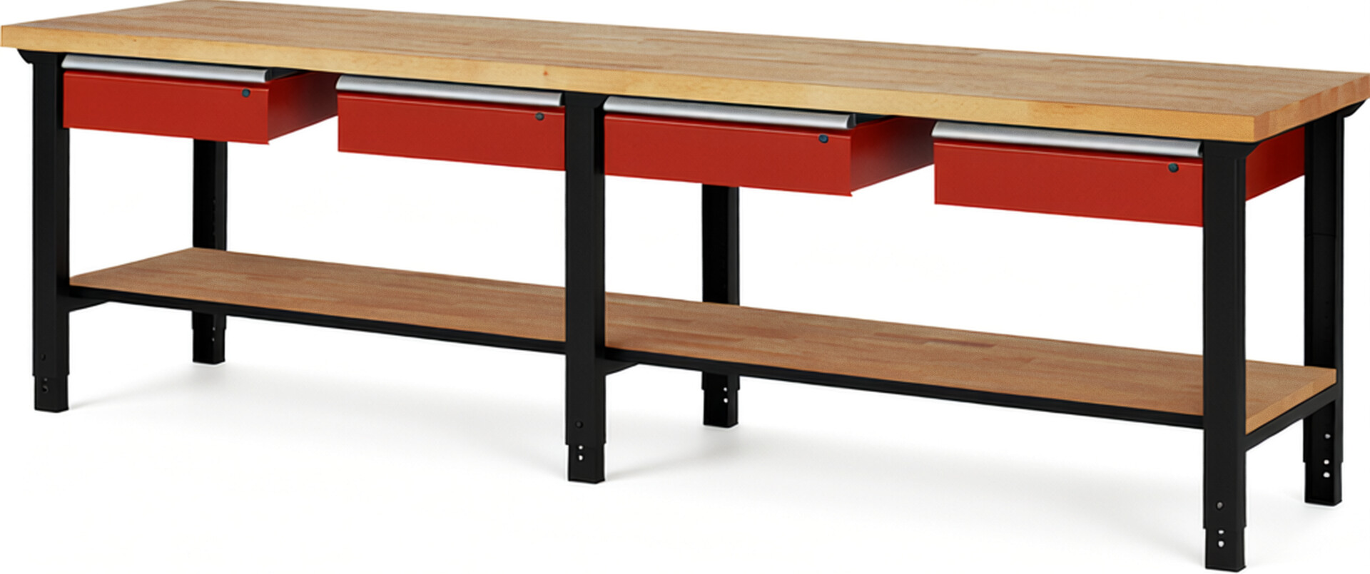 RAU Werkbank schwarz - rot - Breite 300 cm - Tiefe 70 cm - Höhe 114 cm - Buche-Massiv Arbeitsplatte 40 mm