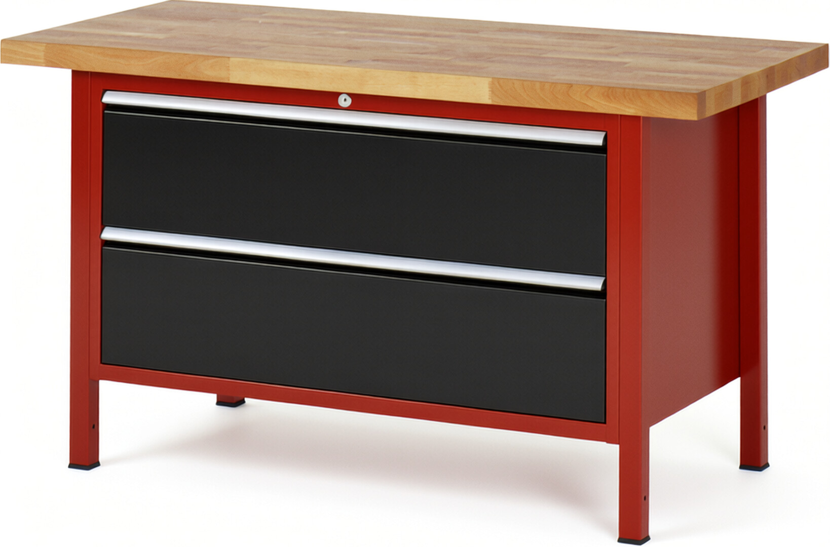 Werkbank Modell 8355 rot - schwarz, BxTxH 1500x700x840-1040 mm,  Buche-Massiv Arbeitsplatte 40 mm,  2 Schubladen mit  Auszug 90 %