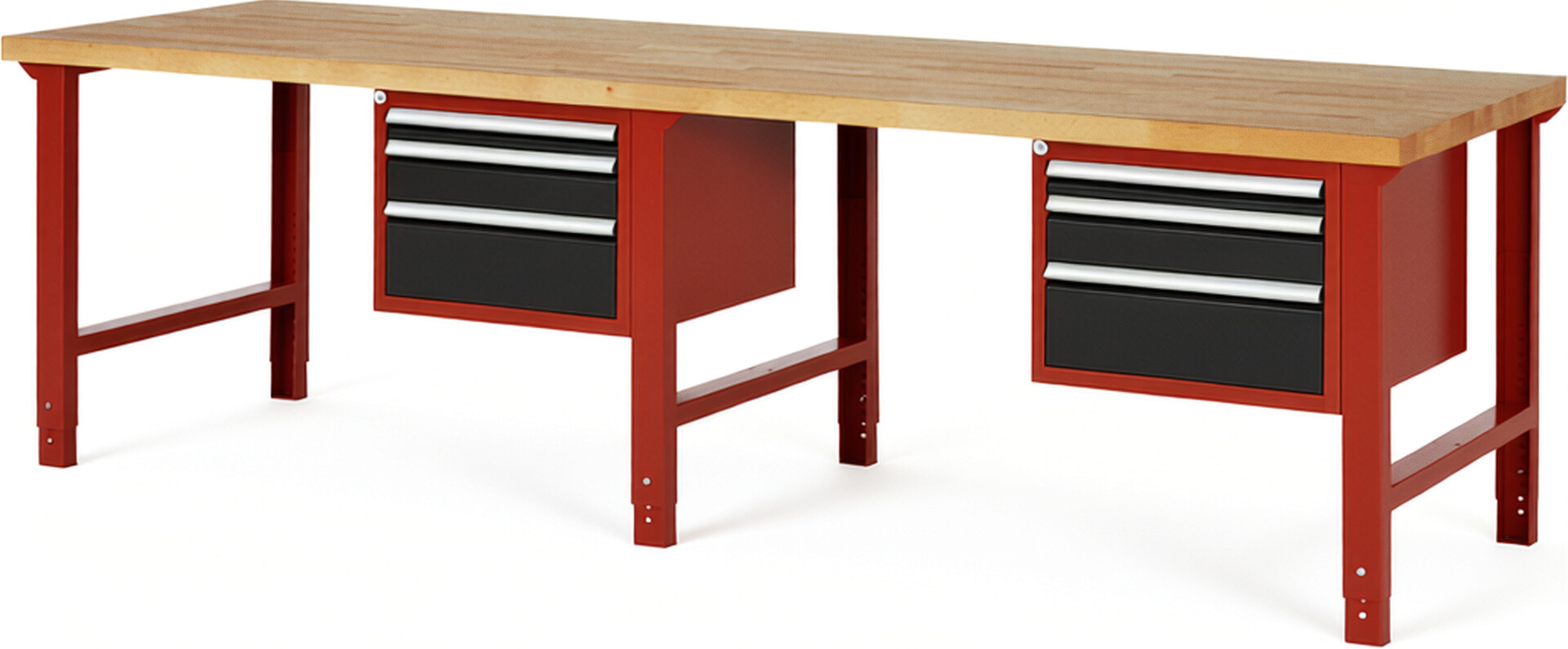 Werkbank Modell 7126 rot - schwarz, BxTxH 3000x900x790-1140 mm,  Buche-Massiv Arbeitsplatte 40 mm,  6 Schubladen mit  Auszug 90 %