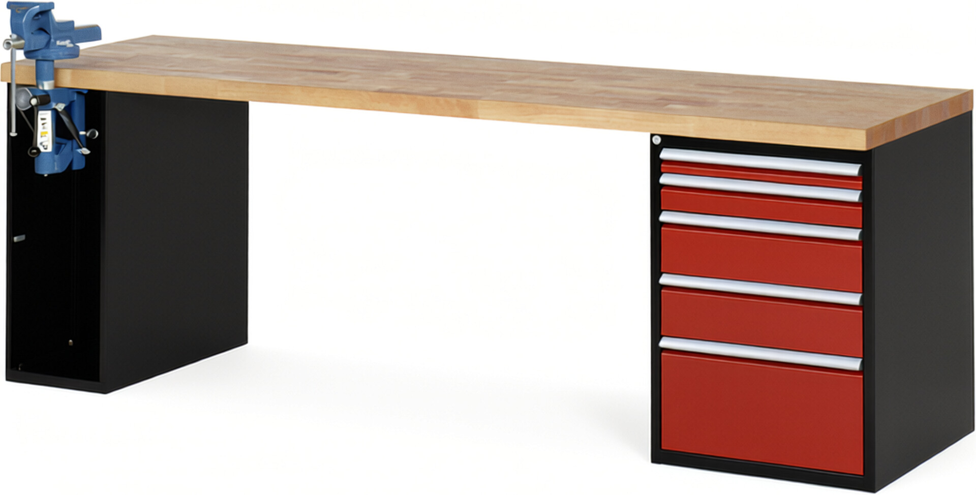 RAU Werkbank schwarz - rot - Breite 250 cm - Tiefe 70 cm - Höhe 84 cm - Buche-Massiv Arbeitsplatte 40 mm