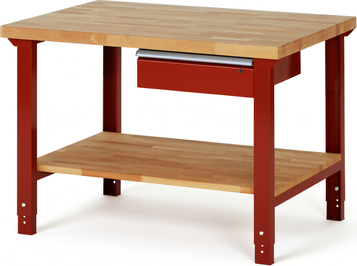 Werkbank Modell 7001 rot, BxTxH 1250x900x790-1140 mm,  Buche-Massiv Arbeitsplatte 40 mm,  1 Schublade mit  Auszug 90 %