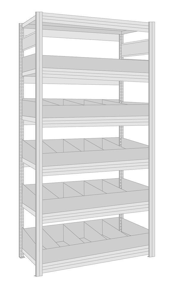 Kleinteileregal mit Schüttensets, Grundfeld, 6 Ebenen Spanplatte, davon 5 Ebenen mit Schüttensets, BxTxH 875x600x2000 mm, Fachlast 250 kg