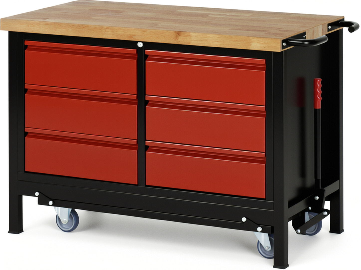 RAU Werkbank schwarz - rot - Breite 125 cm - Tiefe 70 cm - Höhe 88 cm - Buche-Massiv Arbeitsplatte 40 mm