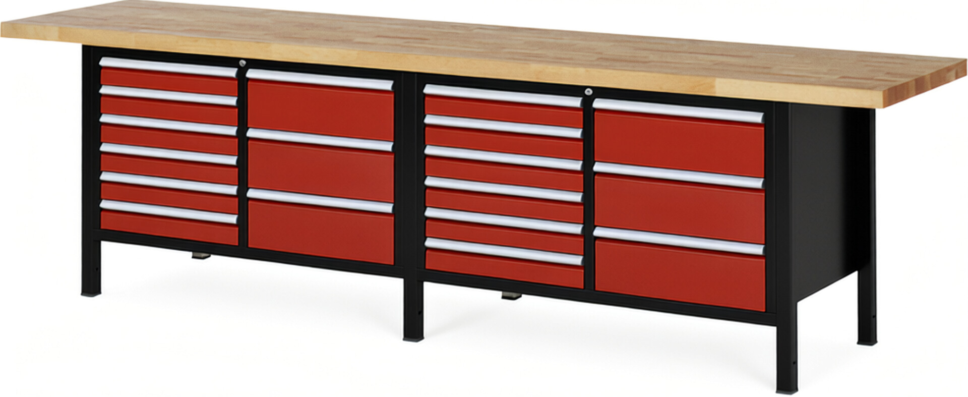 RAU Werkbank schwarz - rot - Breite 300 cm - Tiefe 70 cm - Höhe 104 cm - Buche-Massiv Arbeitsplatte 40 mm