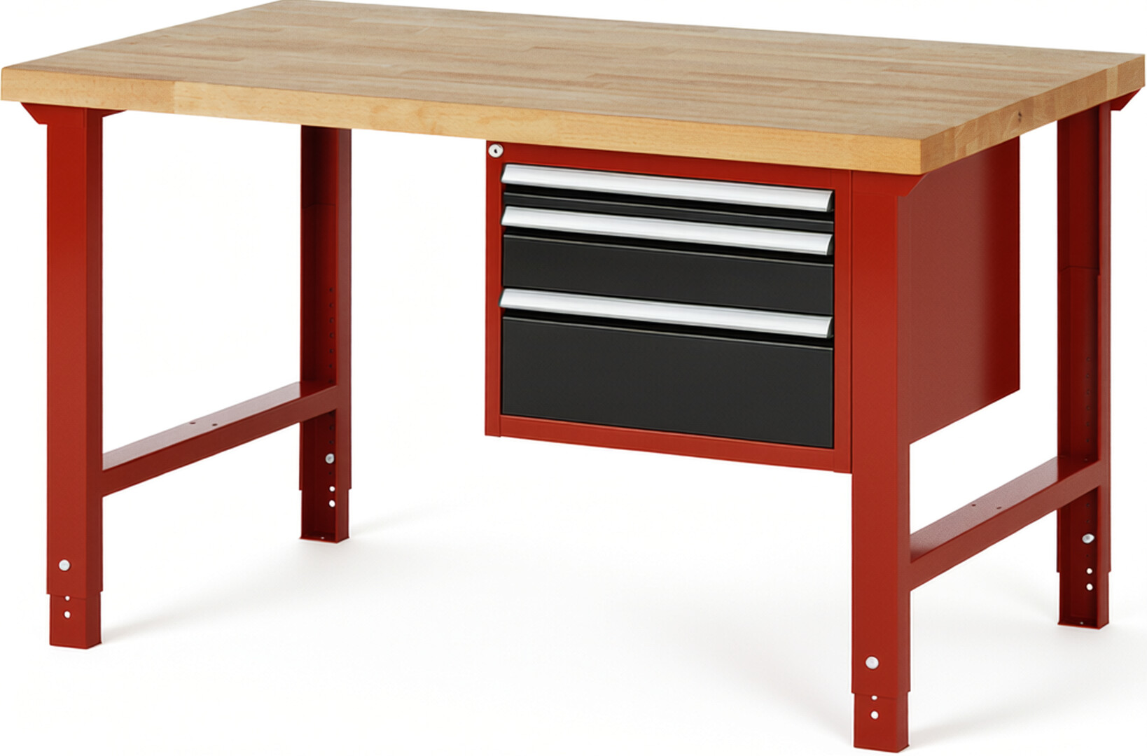 Werkbank Modell 7126 rot - schwarz, BxTxH 1500x900x790-1140 mm,  Buche-Massiv Arbeitsplatte 40 mm,  3 Schubladen mit  Vollauszug 100 % und  SoftClosing