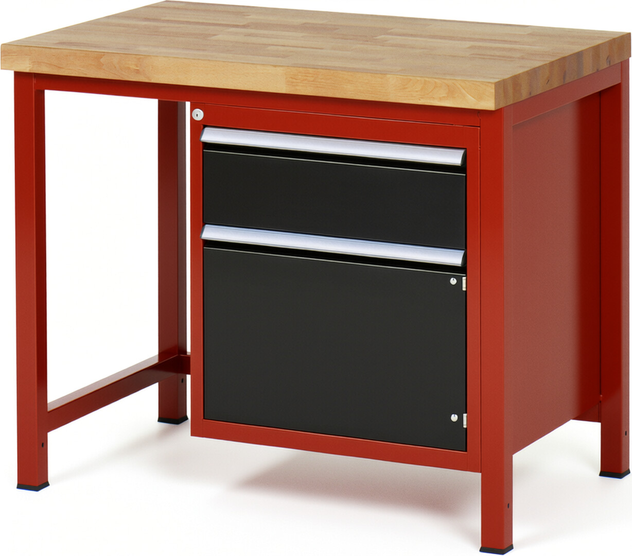 Werkbank Modell 8152 rot - schwarz, BxTxH 1000x700x840-1040 mm,  Buche-Massiv Arbeitsplatte 40 mm,  1 Schublade mit  Vollauszug 100 % und  SoftClosing