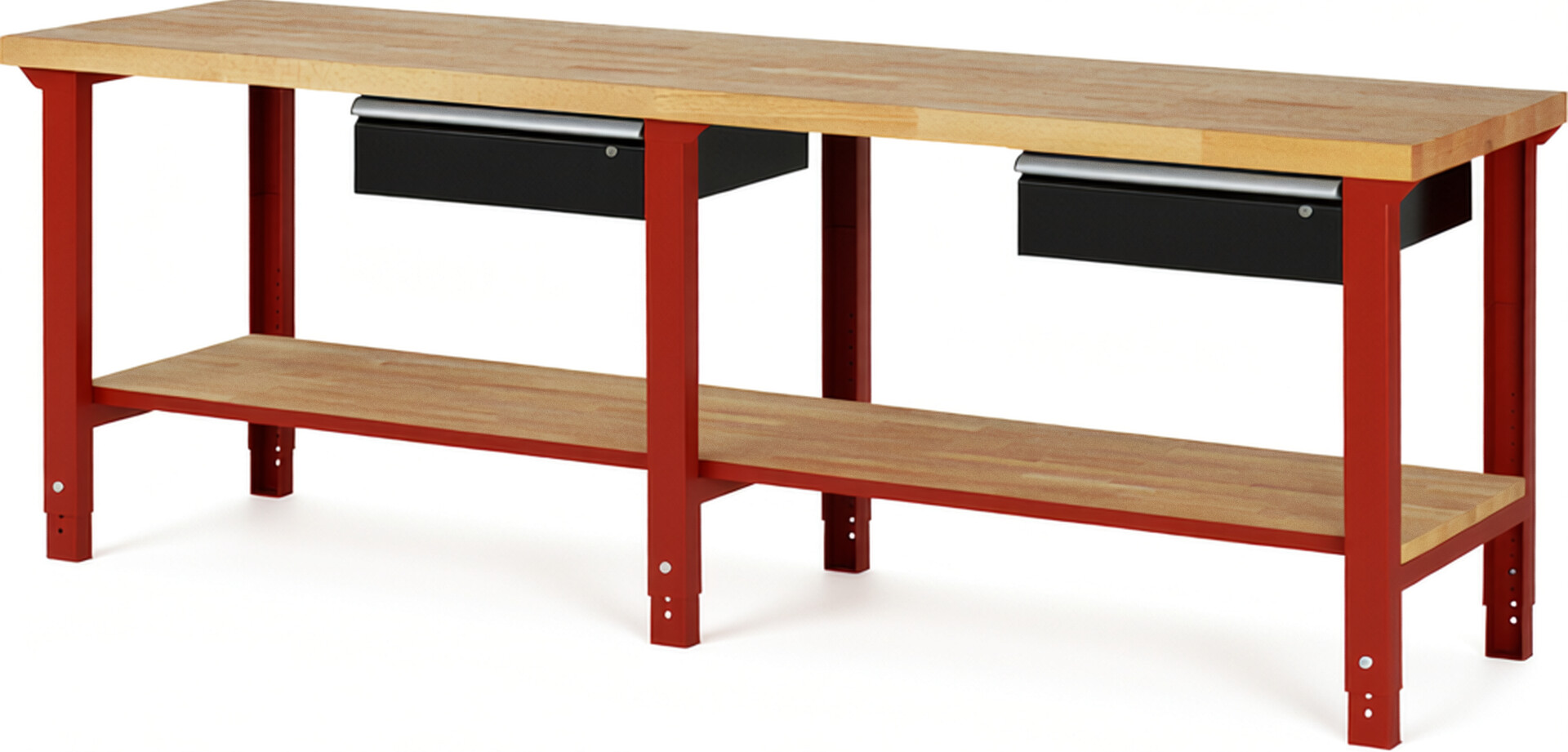 Werkbank Modell 7001 rot - schwarz, BxTxH 2500x700x790-1140 mm,  Buche-Massiv Arbeitsplatte 40 mm,  2 Schubladen mit  Auszug 90 %