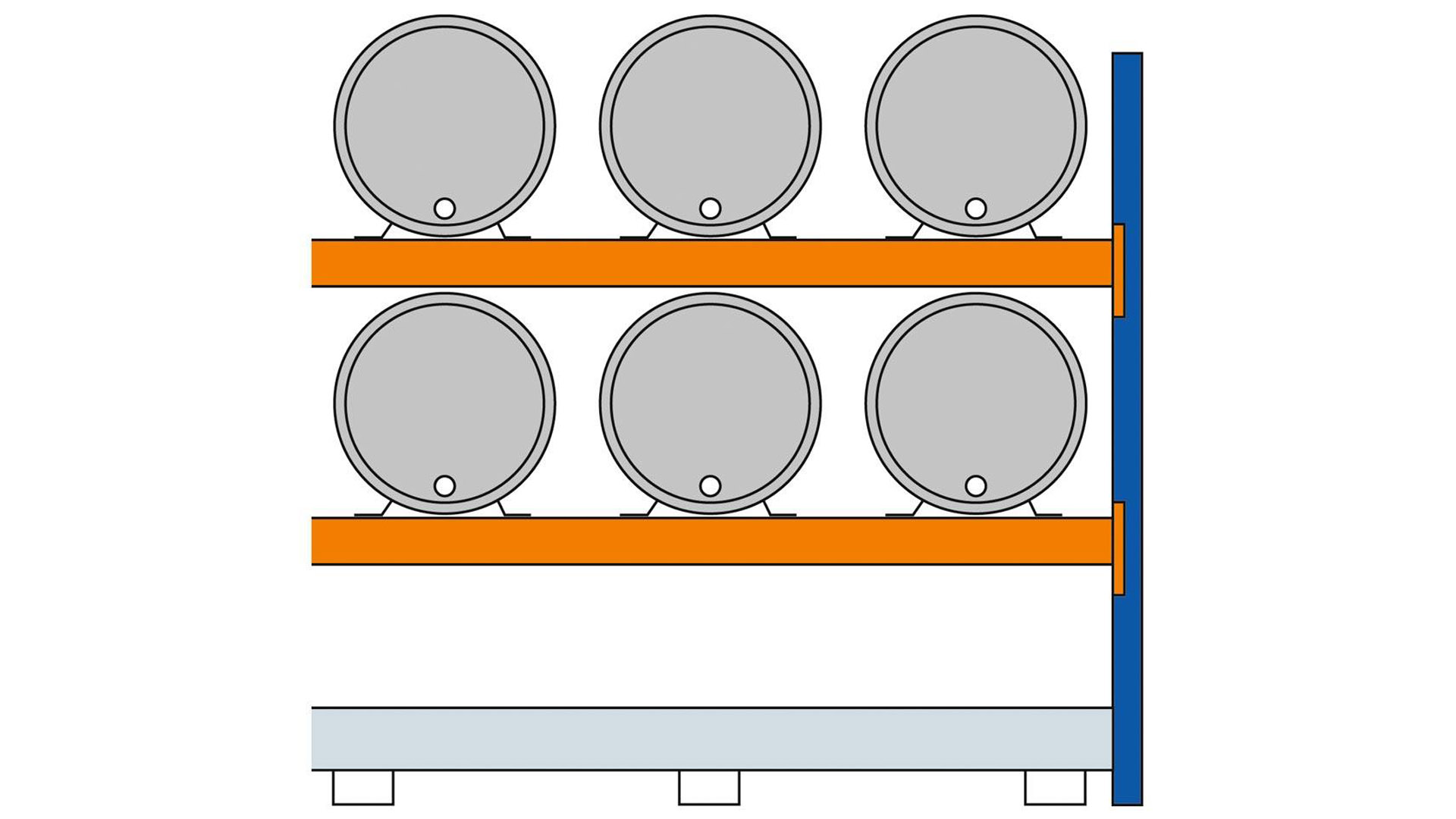 Fassregal, AF, für 6x200 l-Fässer, liegende Lagerung, mit Auffangwanne 375 l, BxTxH 2225x850x2000 mm