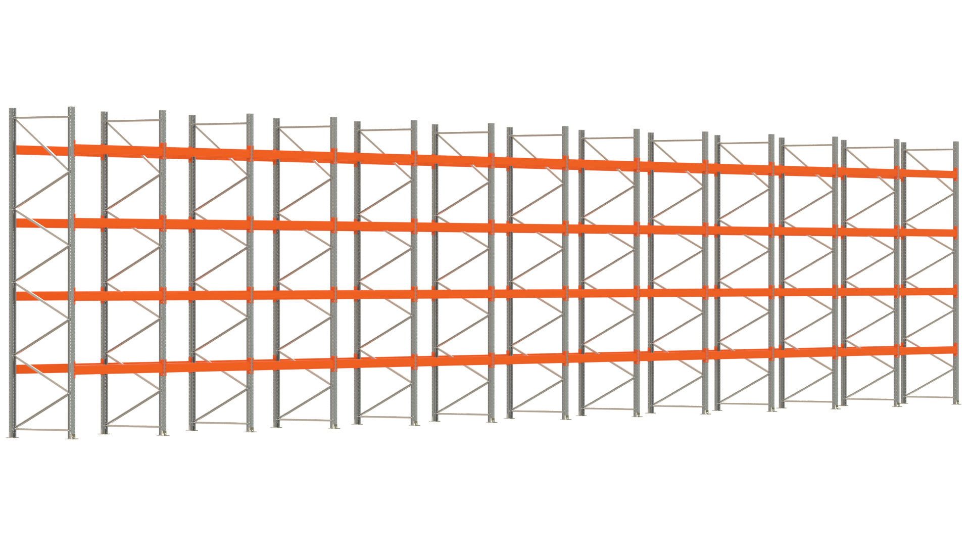Palettenregal ARTUS - Breite 2390,5 cm - Höhe 450 cm - Tiefe 110 cm - 4 Träger-Ebenen - max. Fachlast 3000 kg - 120 Palettenstellplätze