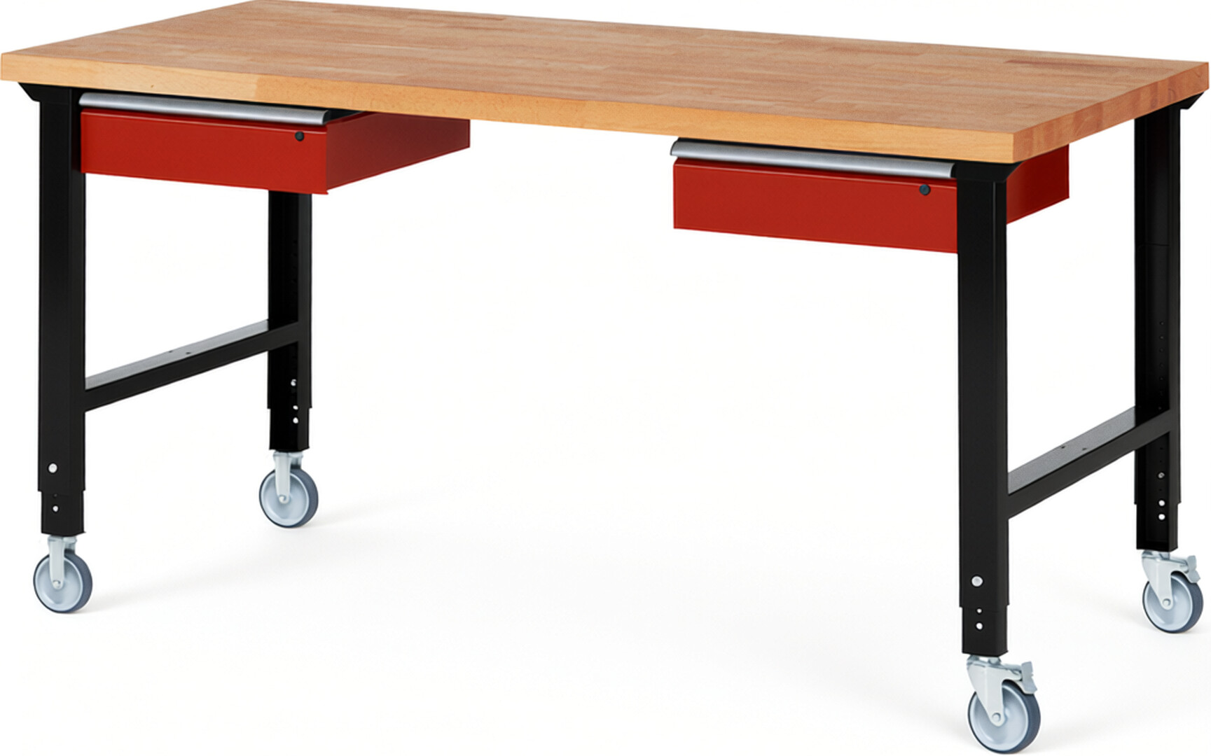 Fahrbare Werkbank Modell 7002 schwarz-rot, BxTxH 2000x900x950-1000 mm,  Buche-Massiv Arbeitsplatte 40 mm,  2 Schubladen mit  Auszug 90 %