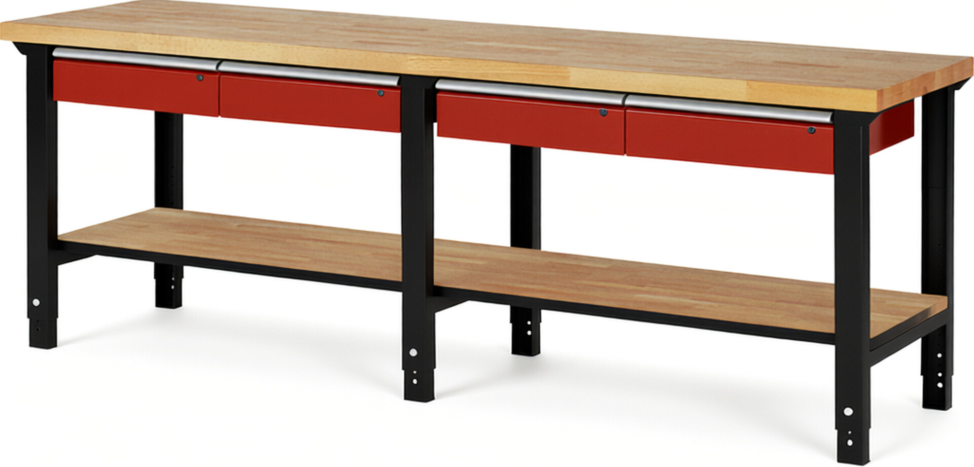 RAU Werkbank schwarz - rot - Breite 250 cm - Tiefe 70 cm - Höhe 114 cm - Buche-Massiv Arbeitsplatte 40 mm