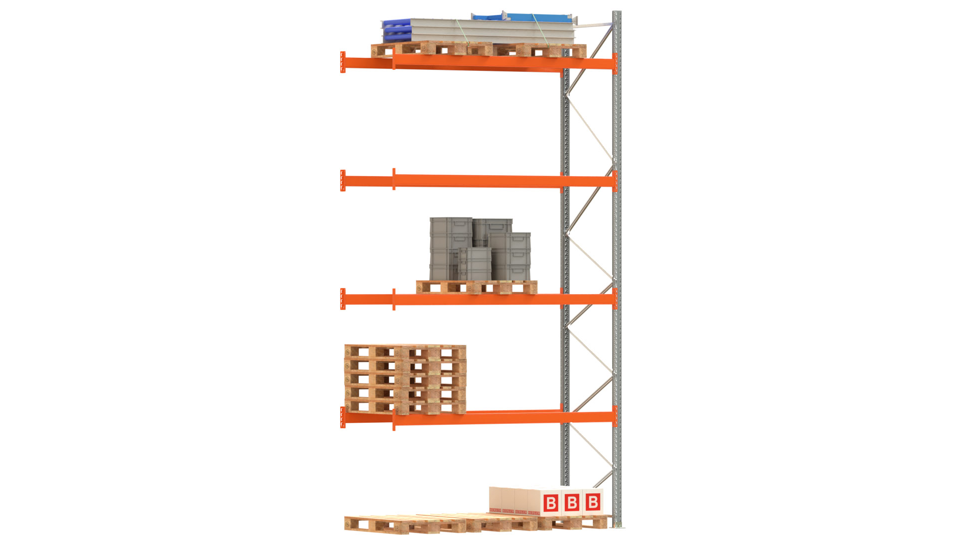 Palettenregal ARTUS - Anbaufeld - Breite 278,5 cm - Höhe 550 cm - Tiefe 110 cm - 4 Träger Ebenen
