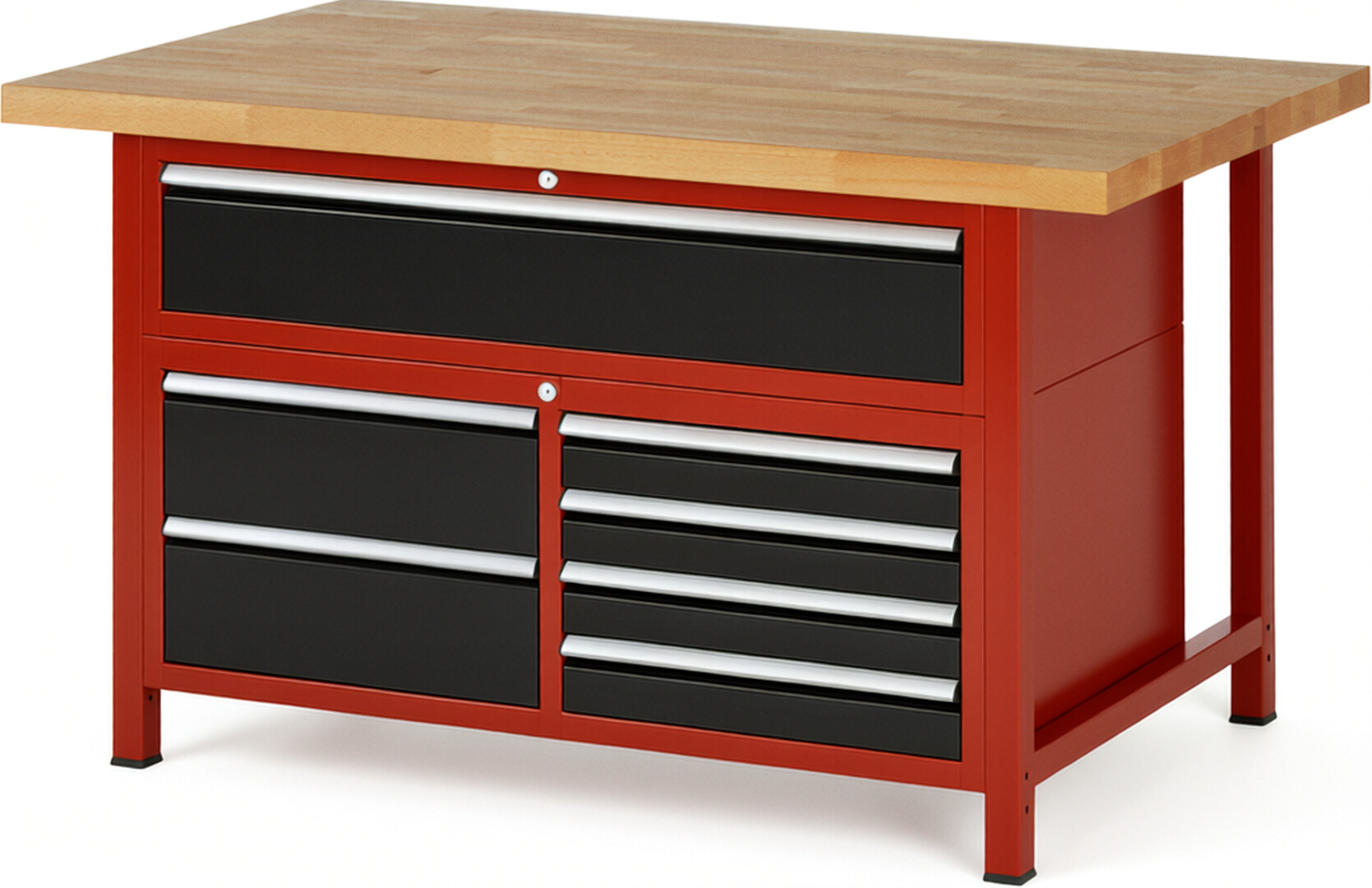 RAU Werkbank rot - schwarz - Breite 150 cm - Tiefe 90 cm - Höhe 104 cm - Buche-Massiv Arbeitsplatte 40 mm